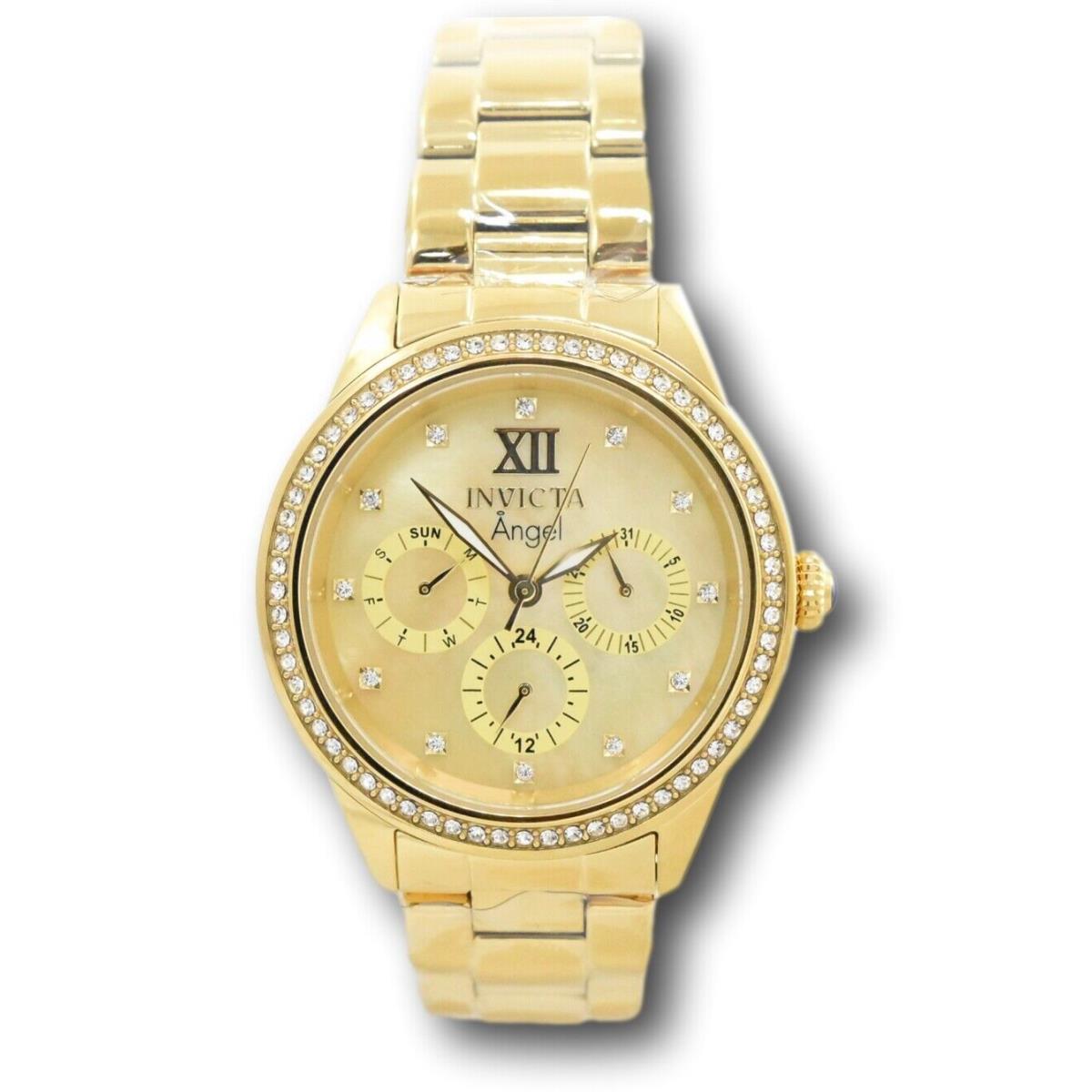 Invicta Angel Women`s 37mm Gold Mother of Pearl Crystal Day / Date Watch 31262 - Dial: Gold, Multicolor, Yellow, Band: Gold, Yellow, Bezel: Gold, Yellow