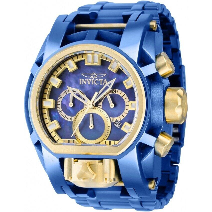 Invicta Men`s 52mm Bolt Zeus Magnum Dual Time Mop Dial Chronograph Blue SS Watch - Dial: Blue, Gold, Band: Blue, Bezel: Gold