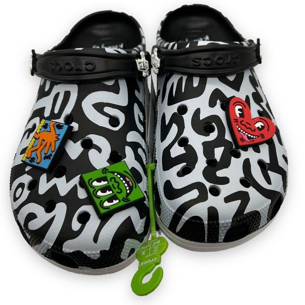 Crocs X Keith Haring Clog Mens 12 Black White Pop Art Laughing Heart