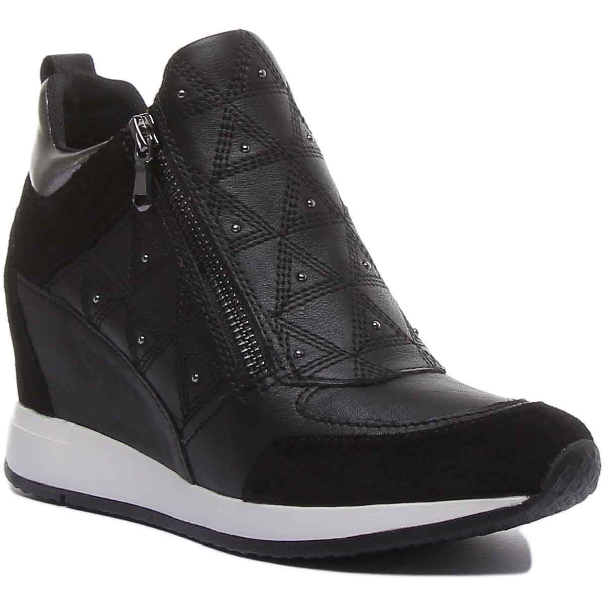 Geox D Nydame EX In Black White Side Zip Shiny Suede Sneaker Size 6 - 12