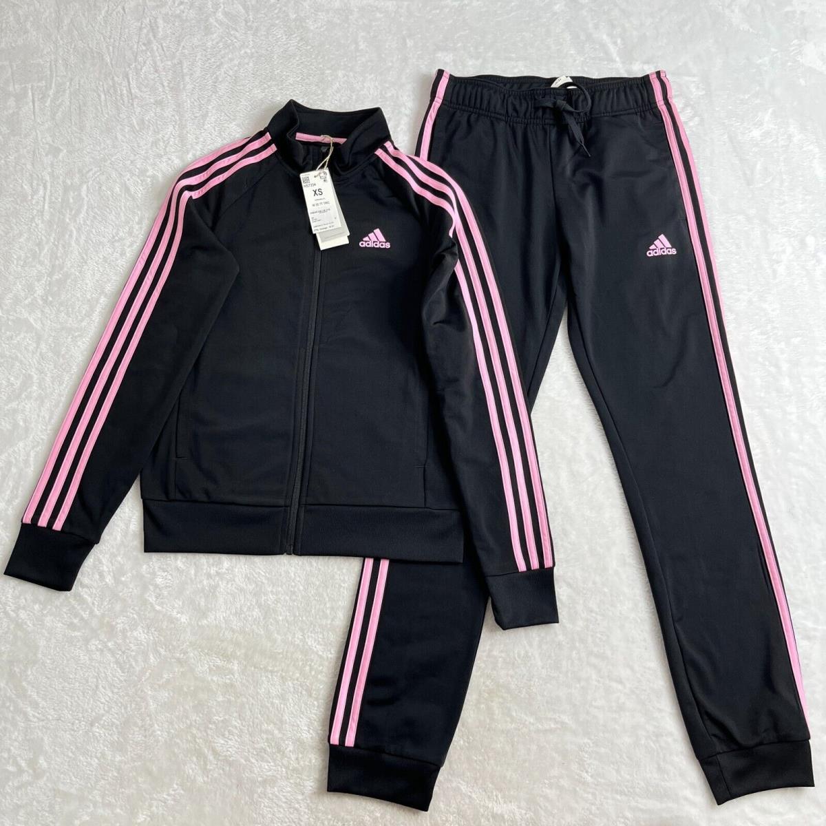 Adidas Tracksuit Womens XS Black Pink Stripe Jacket Jogger Pants Logo Set