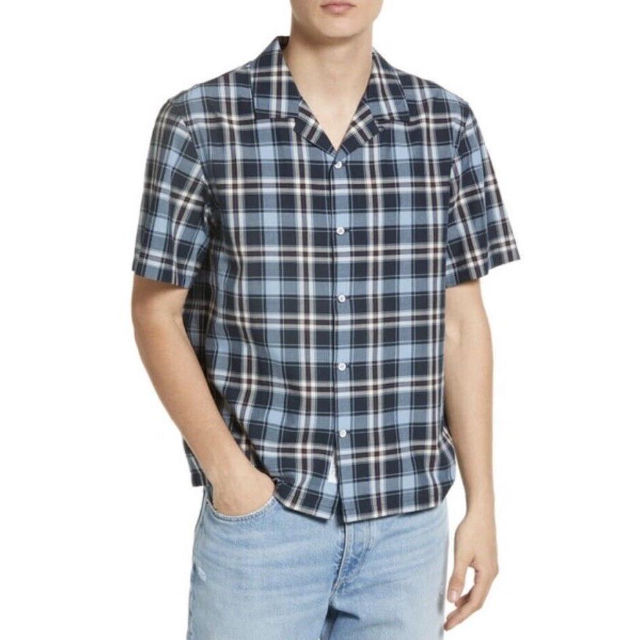 Rag Bone Avery Men s Size XL Button Up Plaid Blue Camp Shirt SS