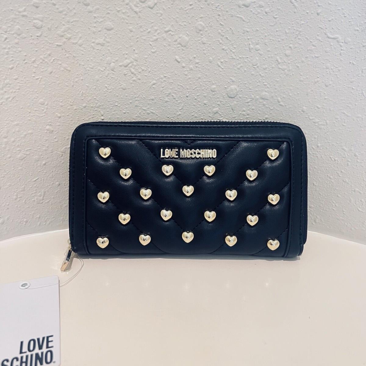 Love Moschino Black Gold Hearts Studded Napa Leather Wallet OS