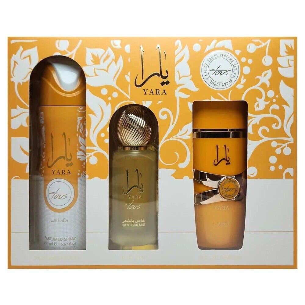 Lattafa Yara Tous 3pc Set: 3.4oz Edp Spray + 1.7oz Hair Mist + 6.7oz Body