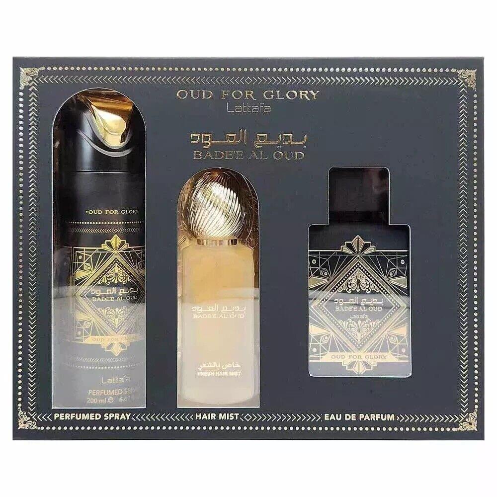 Lattafa Bade e Al Oud 3pc Set: 3.4oz Edp Spray + 1.7oz Hair Mist + 6.7oz Body