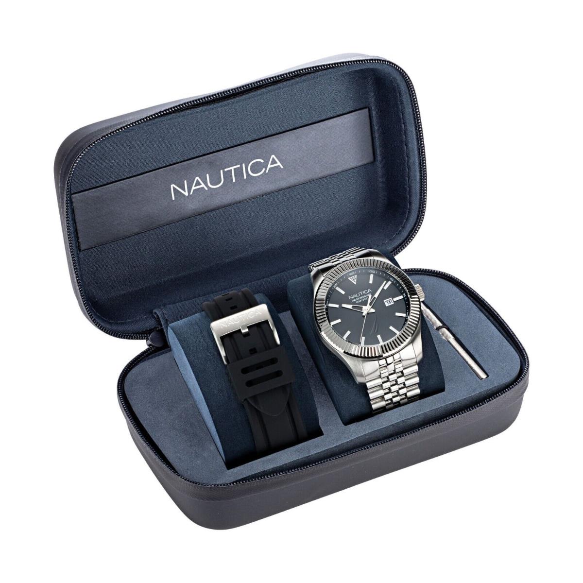 Nautica Men`s Stainless Steel and Silicone Watch Box Set