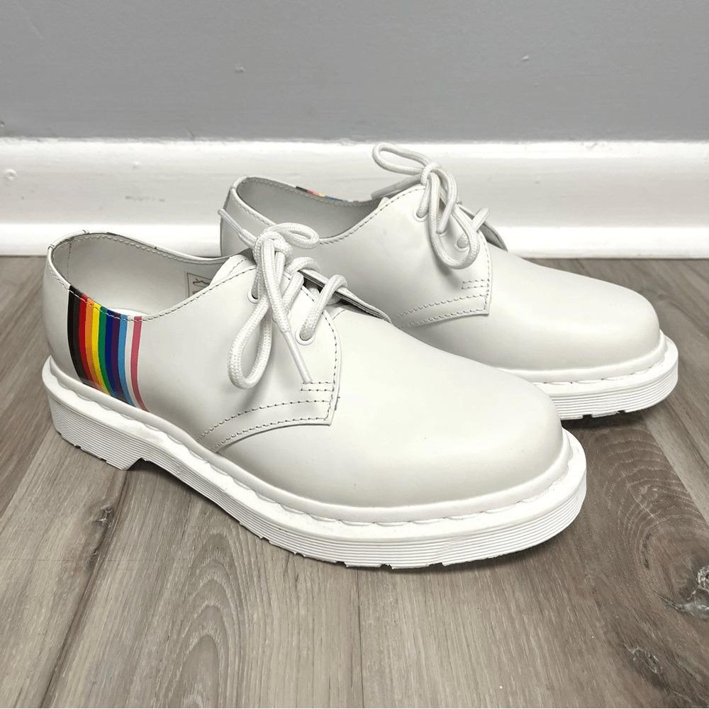 Dr. Martens Shoes Girls 4 White Leather W/monochrome Rainbow Stripe Derby Oxford