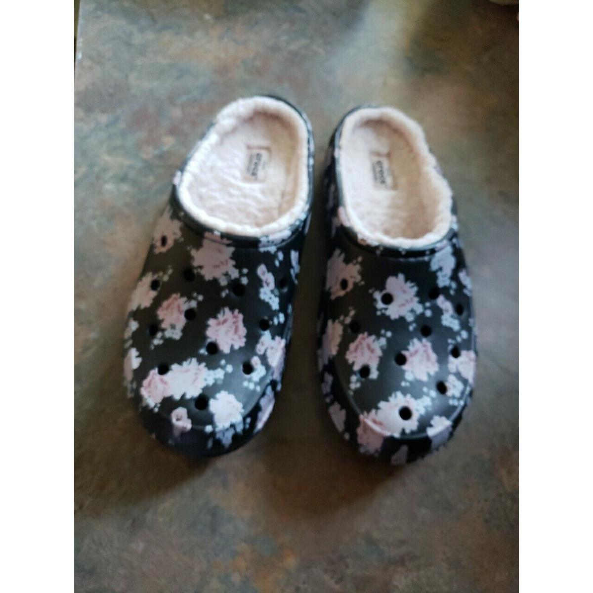 Crocs Freesail Clog Women Size 9 Black Pink Floral Cottagecore Prairie Lined