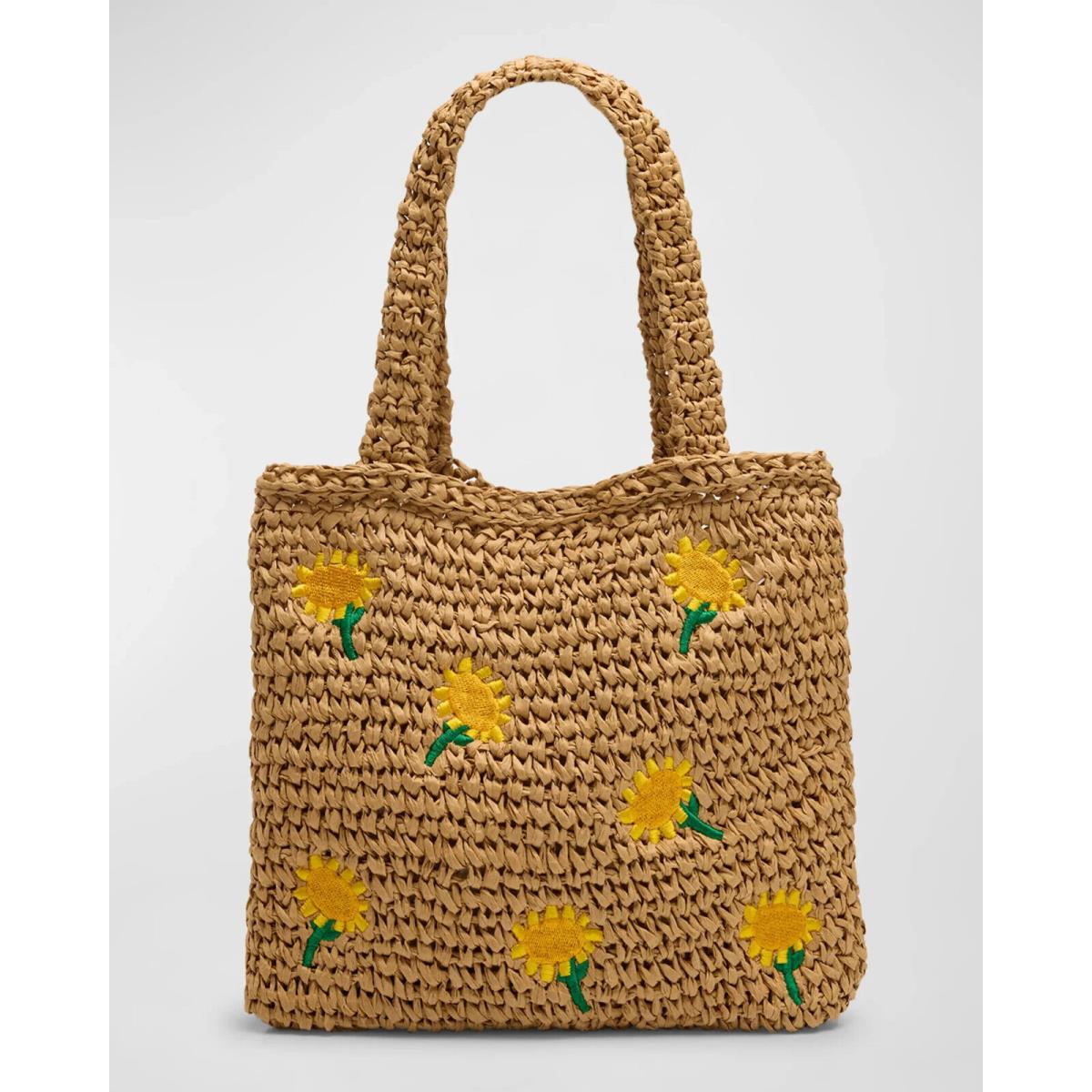 Stella Mccartney Kids Girl`s Raffia Tote Bag with Sunflowers Embroidery