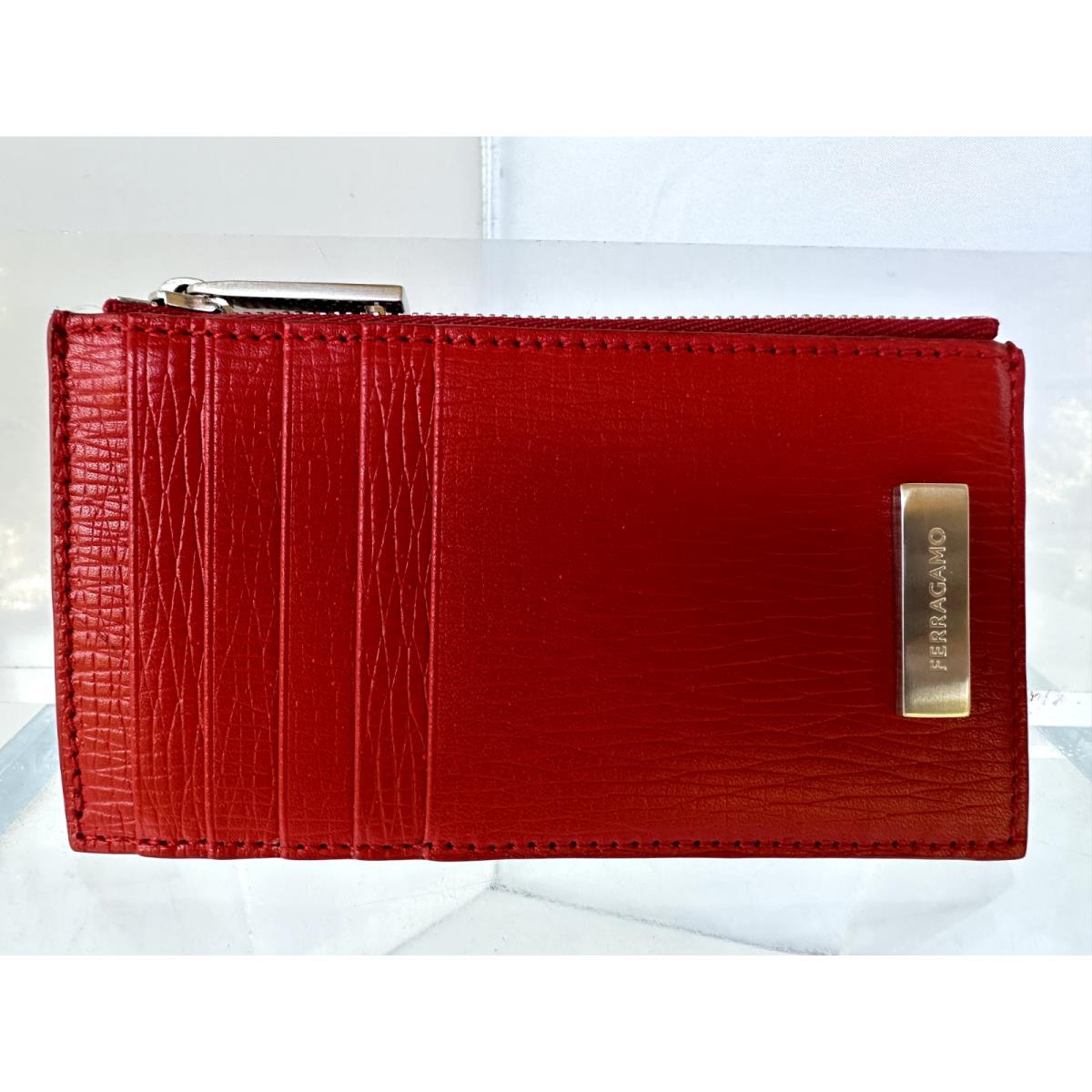 Ferragamo Men`s Zip Card Holder Wallet Red Leather