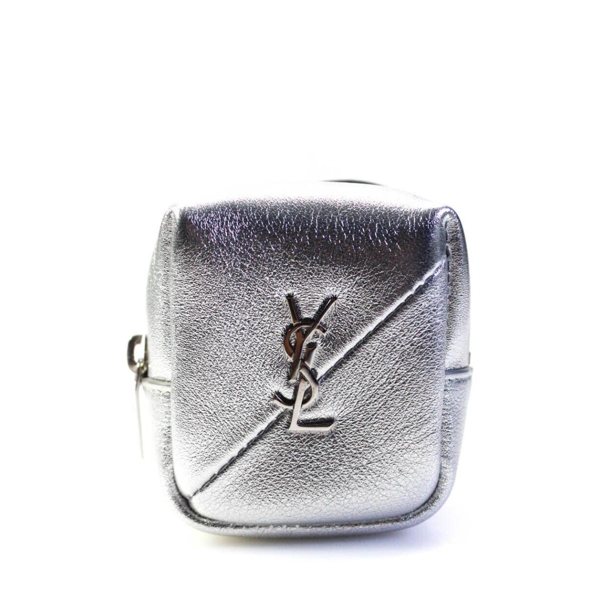 Saint Laurent Womens Jamie Metallic Leather Cube Charm Pouch Bag Silver