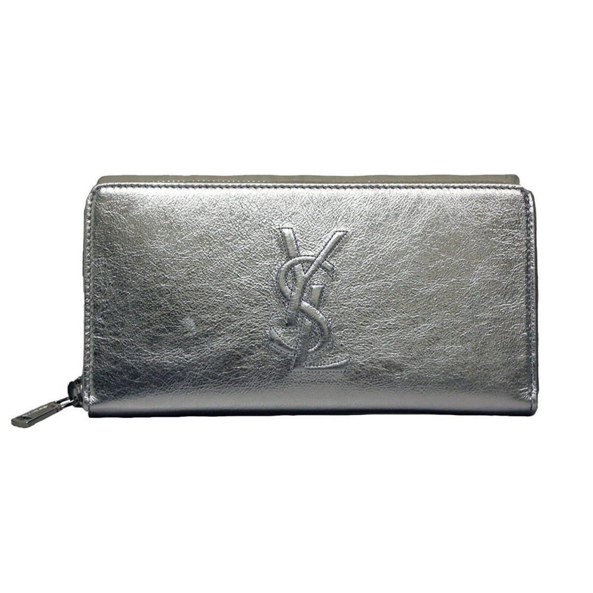 Yves Saint Laurent Wallet Ysl Belle du Jour Silver Leather Zip Wallet