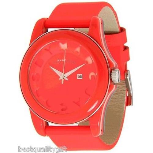 New-marc Jacobs Bright Neon Orange Leather Band+stripe Dial Watch MBM4013+BOX