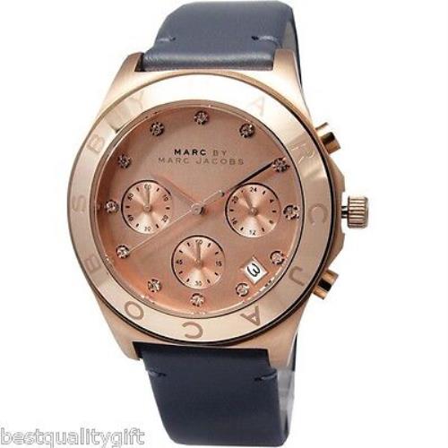 New-marc Jacobs Blade Rose Gold Gray Leather Chronograph Crystals WATCH-MBM1188
