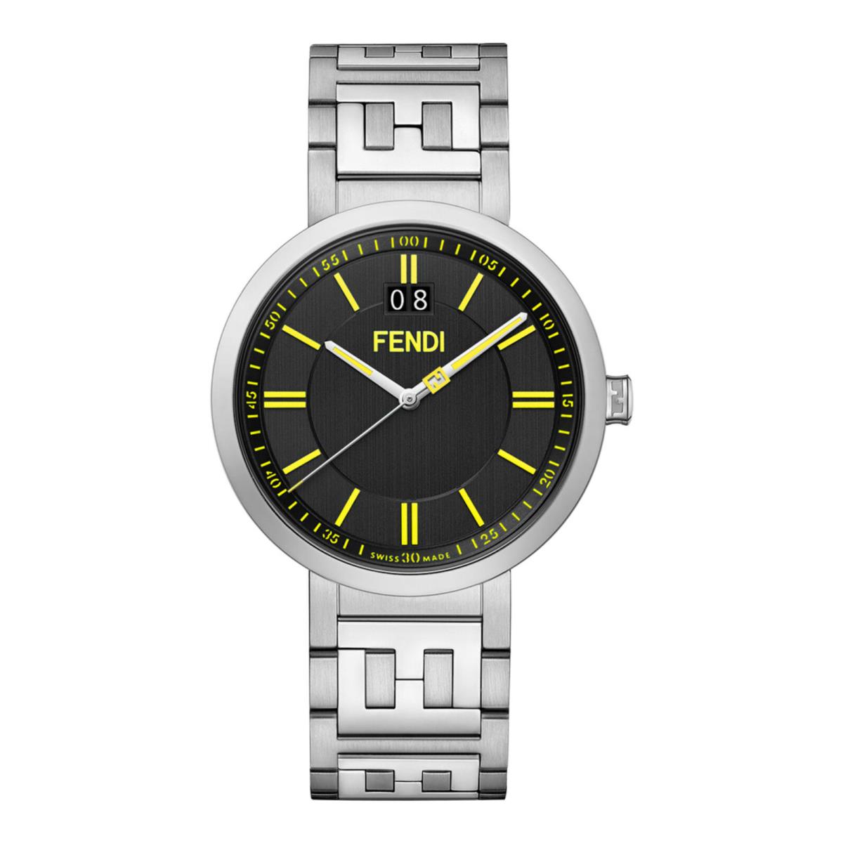 Fendi Mens Forever Fendi Stainless Steel 39mm Bracelet Fashion Watch - Dial: Black, Band: Silver