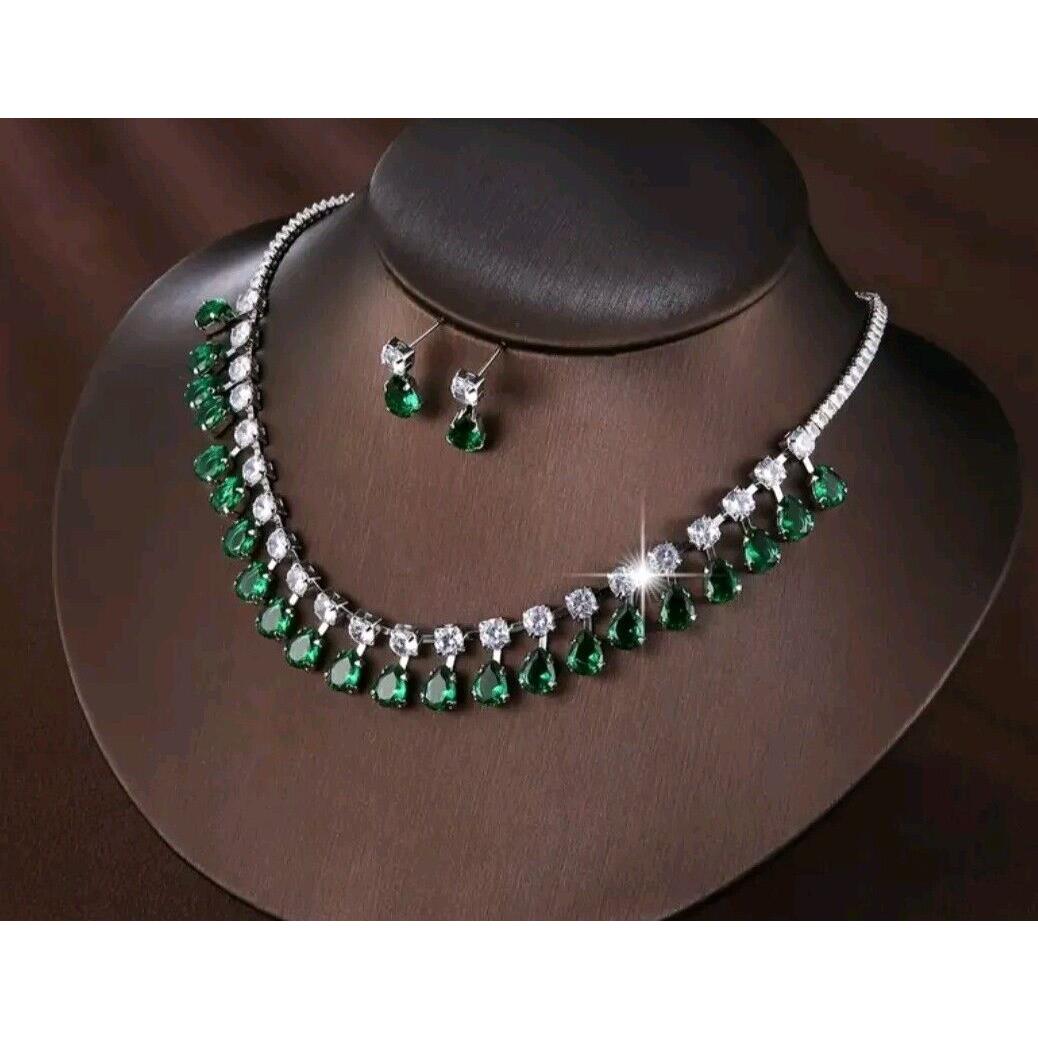 925 Silver Plated Lab-created Emerald Green Waterdrop Jewelry Set Swarovski