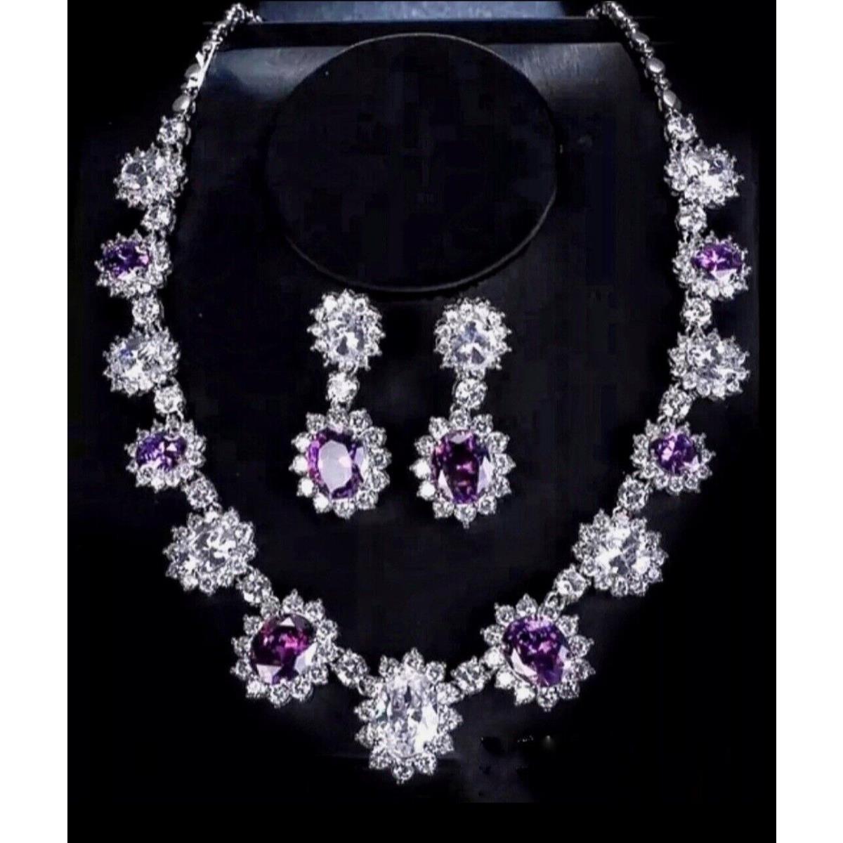 925 Silver Plated Purple Necklace Earrings Set Lab-created Swarovski Crystal