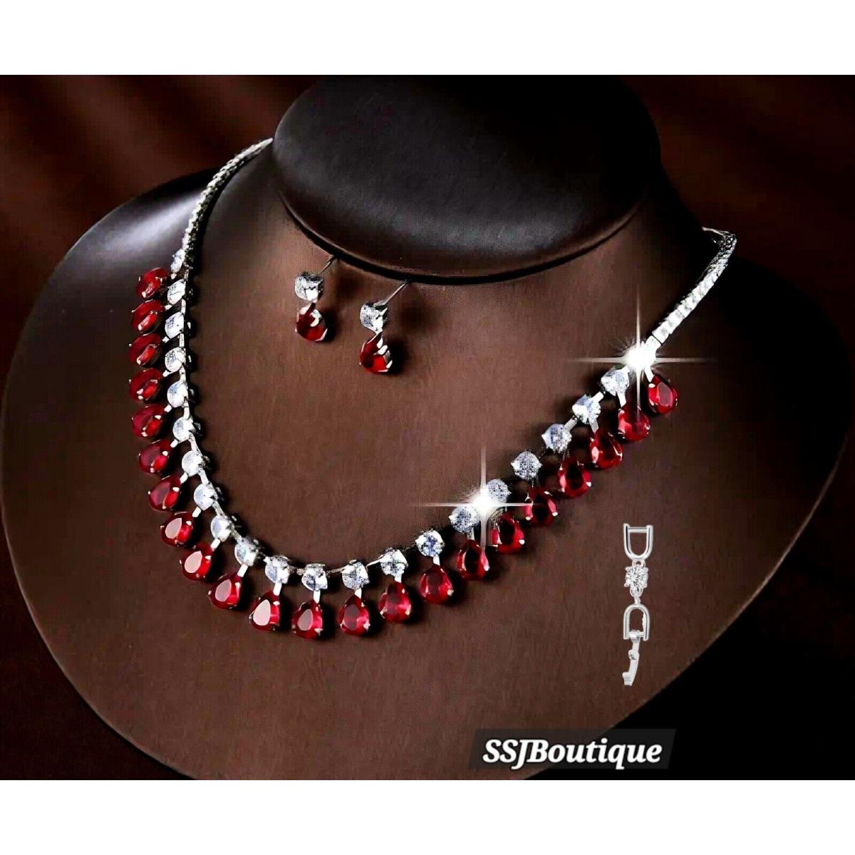 925 Silver Plated Lab-created Red Garnet Waterdrop Jewelry Set Swarovski Crystal