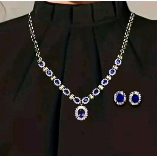 925 Silver Plated Lab-created Swarovski Oval Blue Sapphire Necklace and Earrings