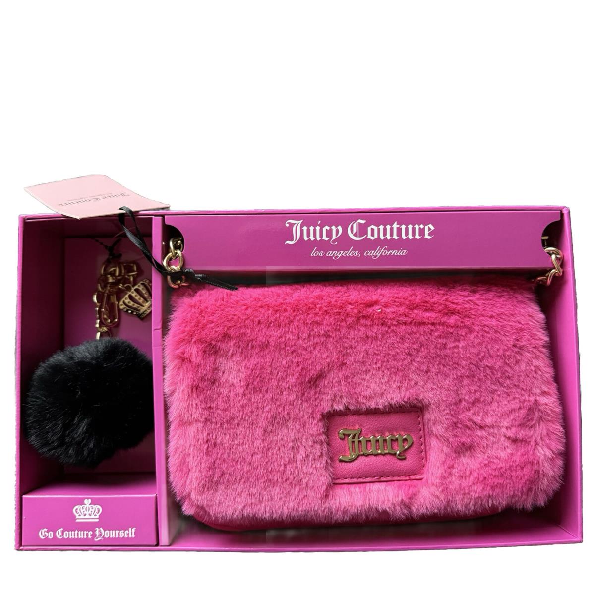 Juicy Couture Free Love Hot Pink Flap Crossbody Bag Black Fur Keycha