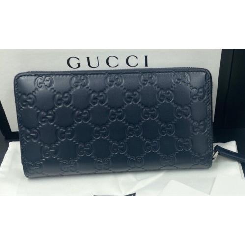 Gucci Long Wallet Zip Around Black Dark Blue GG Striped Leather