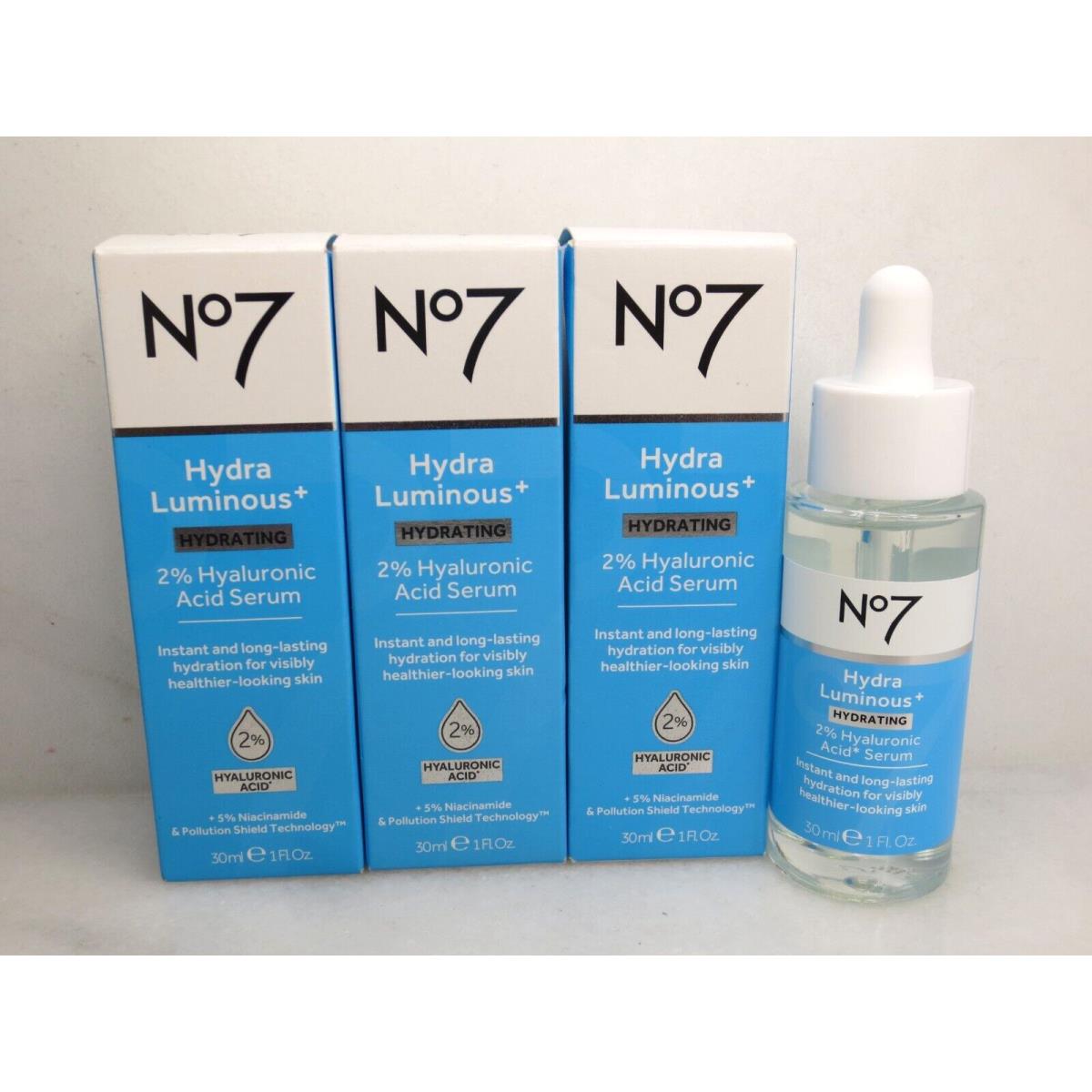 No7 Hydra Luminous+ Hydrating 2% Hyaluronic Acid Serum 1 OZ Boxed Lot OF 3