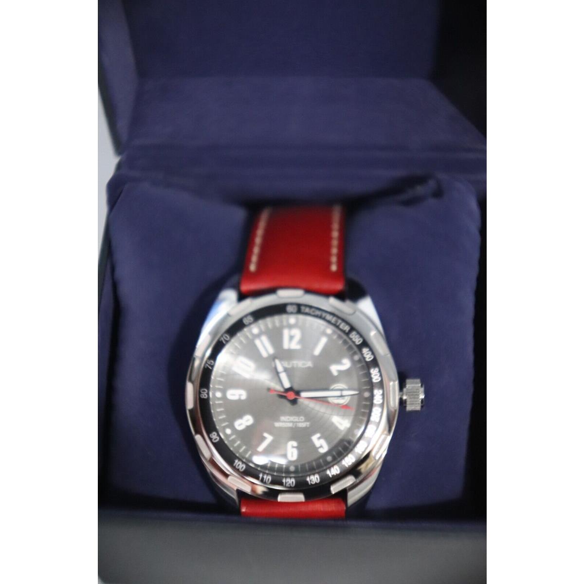 Nautica N08521G Men`s Watch Red Leather Band Tachymeter 165 ft