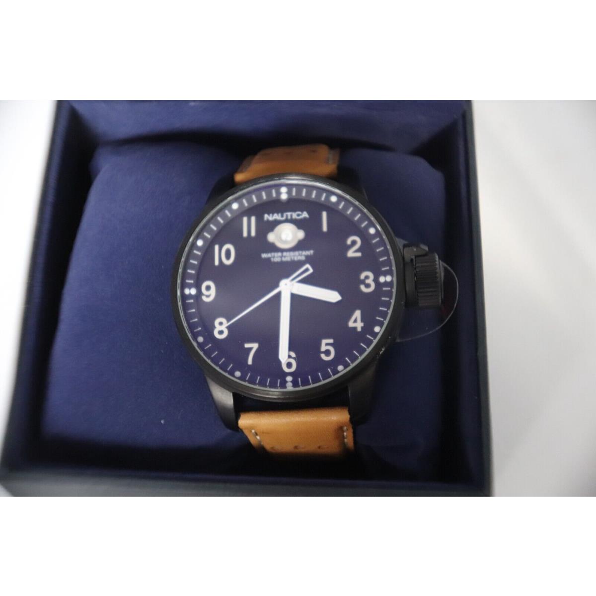 Nautica N11036 Men`s Watch Black Round Face Tan Leather Band Handsome