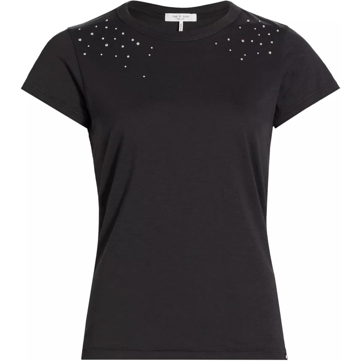 Rag Bone Women Cotton T-shirt Ombre Stud Short Sleeves Crew Neck Tee Black