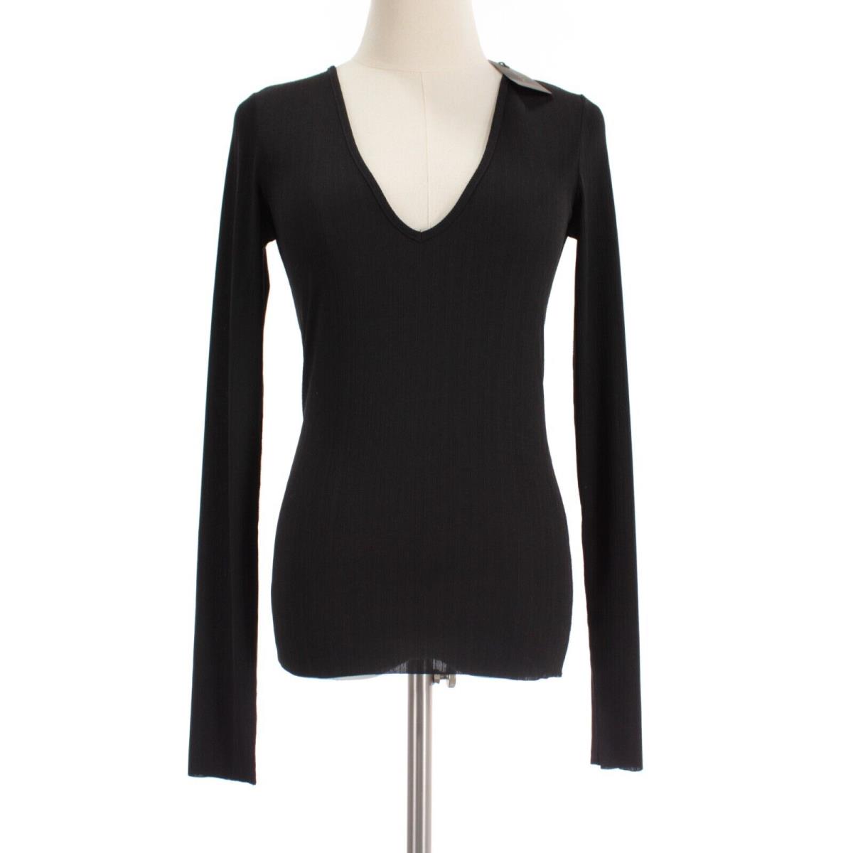 Rag Bone Long Sleeve Ribbed Scoop V Neck Top Size Small in Solid Black