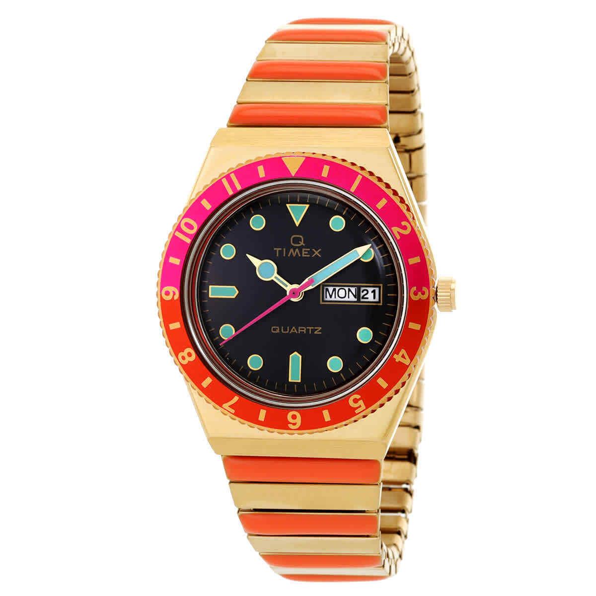 Timex Q Timex Malibu Quartz Black Dial Ladies Watch TW2U81600 - Dial: Black, Band: Two-tone (Orange and Gold-tone), Bezel: Gold-tone