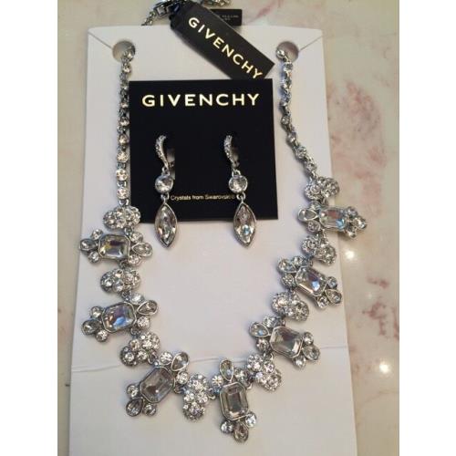 Givenchy Silver Tone Crystal Collar Necklace and Earrings