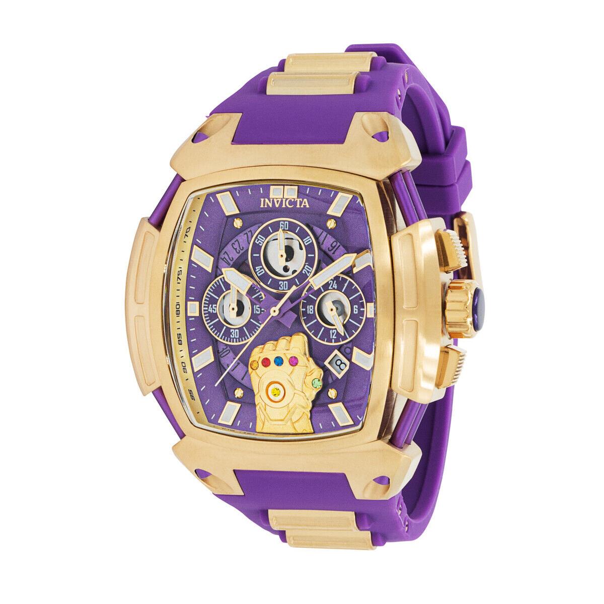 Invicta Marvel Thanos Infinity Gauntlet Men`s 53mm Limited Ed Chrono Watch 37390 - Dial: Gold, Multicolor, Purple, Band: Purple, Bezel: Gold, Yellow