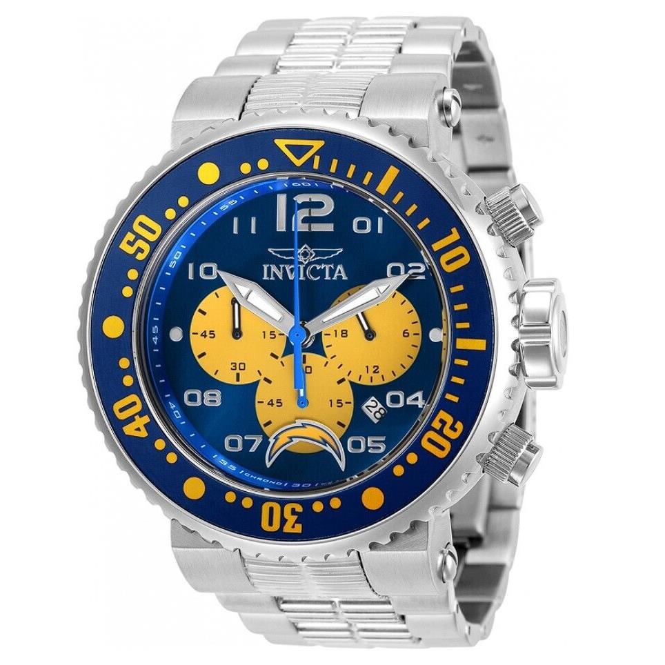 Invicta Nfl Los Angeles Chargers Men`s 52mm Limited Chronograph Watch 30271 - Dial: Blue, Multicolor, Silver, Yellow, Band: Silver, Bezel: Blue, Yellow