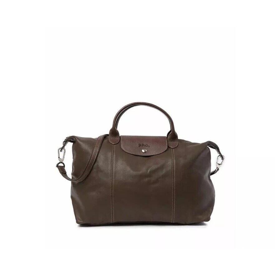 Longchamp Leather Top Handle Convertible Satchel Taupe