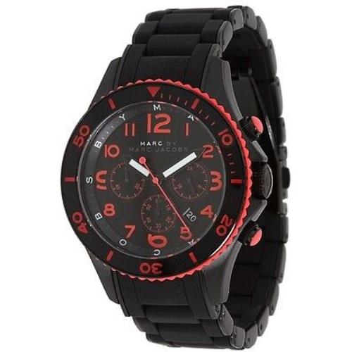Marc Jacobs Black Red Rock Silicone Wrapped Black IP Steel Chrono WATCH-MBM2585