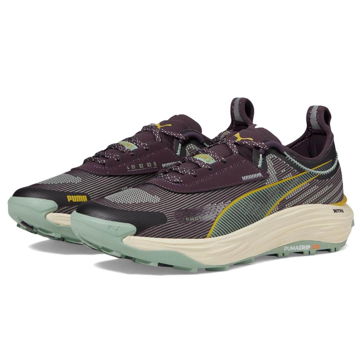 Woman`s Sneakers Athletic Shoes Puma Voyage Nitro 3 Tech - Midnight Plum/Green Fog/Golden Fog/Alpine Snow