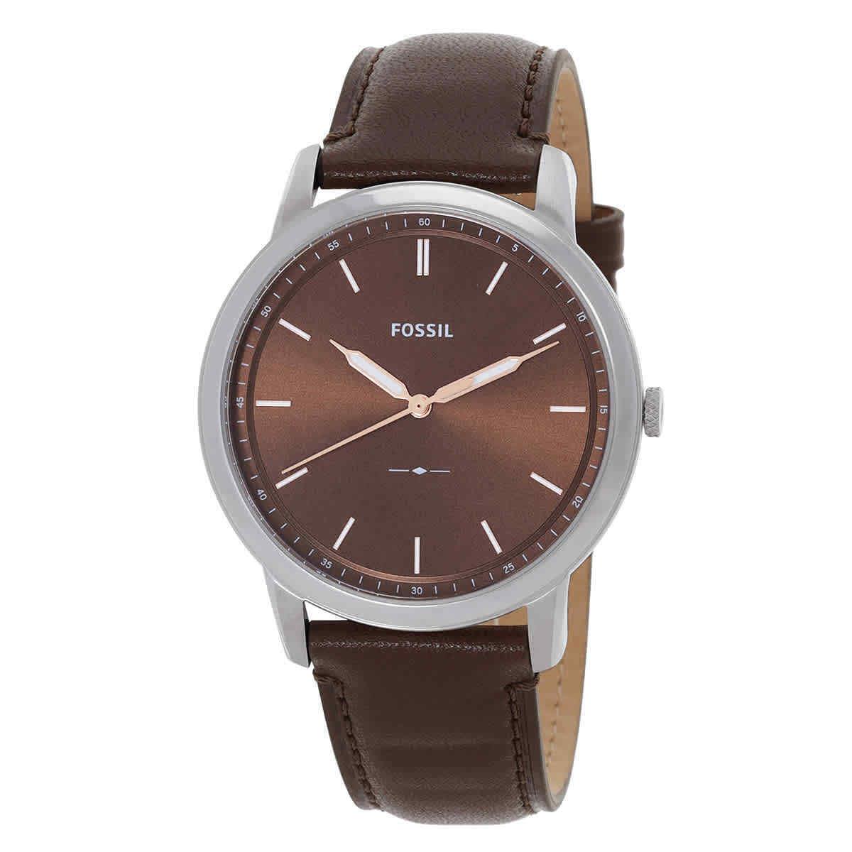 Fossil Minimalist Quartz Brown Dial Men`s Watch and Bracelet Box Set FS6019SET - Dial: Brown, Band: Brown, Bezel: Silver-tone