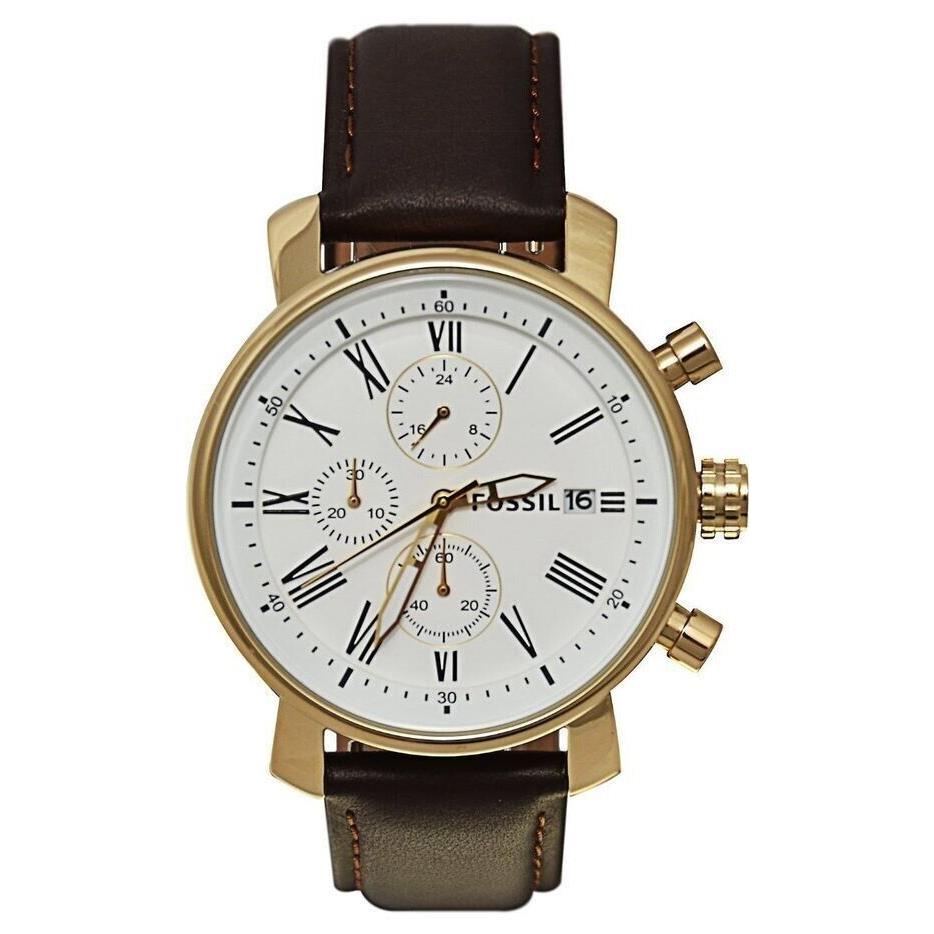 Fossil Gold Tone Brown Leather Band Roman Numbers Chrono Men`s WATCH-BQ1009