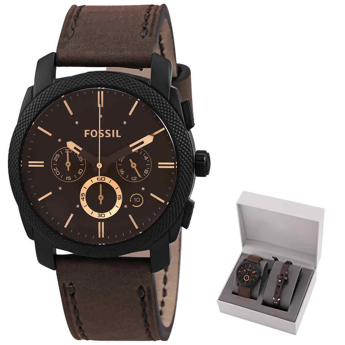 Fossil Machine Chronograph Dark Brown Dial Men`s Watch Set FS5251SET - Dial: Dark Brown, Band: Brown, Bezel: Black Ion-plated