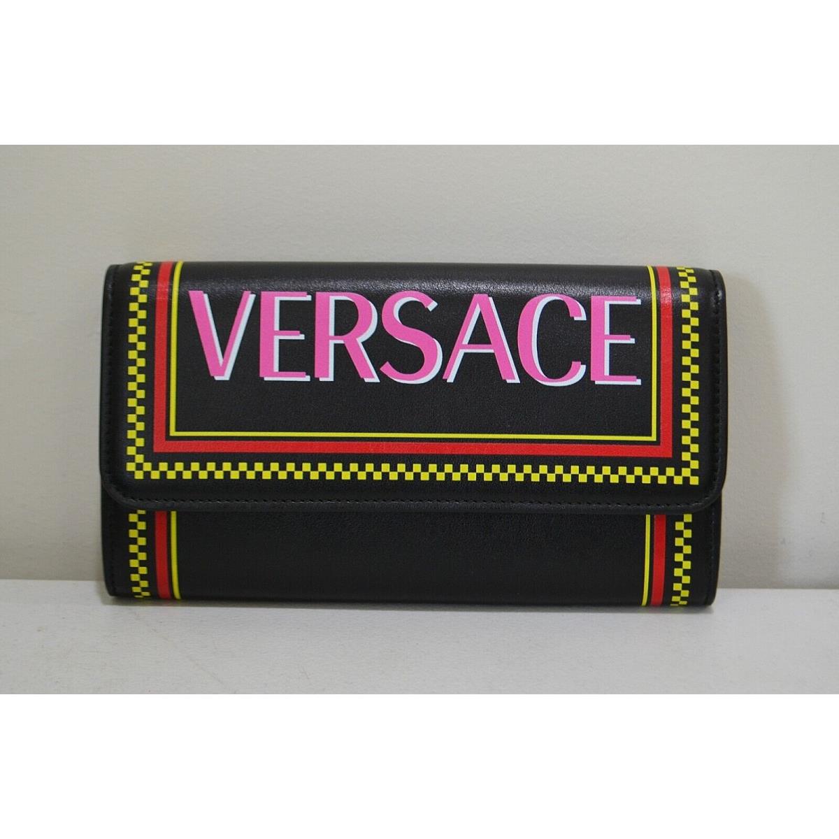 Versace Black Leather Long Envelope Snap Bifold Wallet