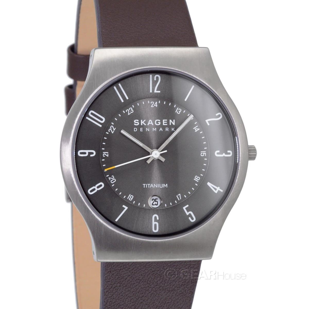 Skagen Sundby Mens Titanium Casual Watch Gray Dial w/ Date Brown Leather Band