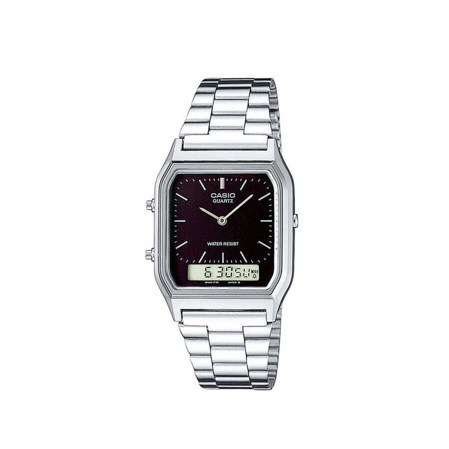 Casio Youth Analog Digital Am/pm 12/24-Hour Calendar AQ-230A-1DHDF Unisex Watch - Dial: Black, Band: Silver, Bezel: No Bezel