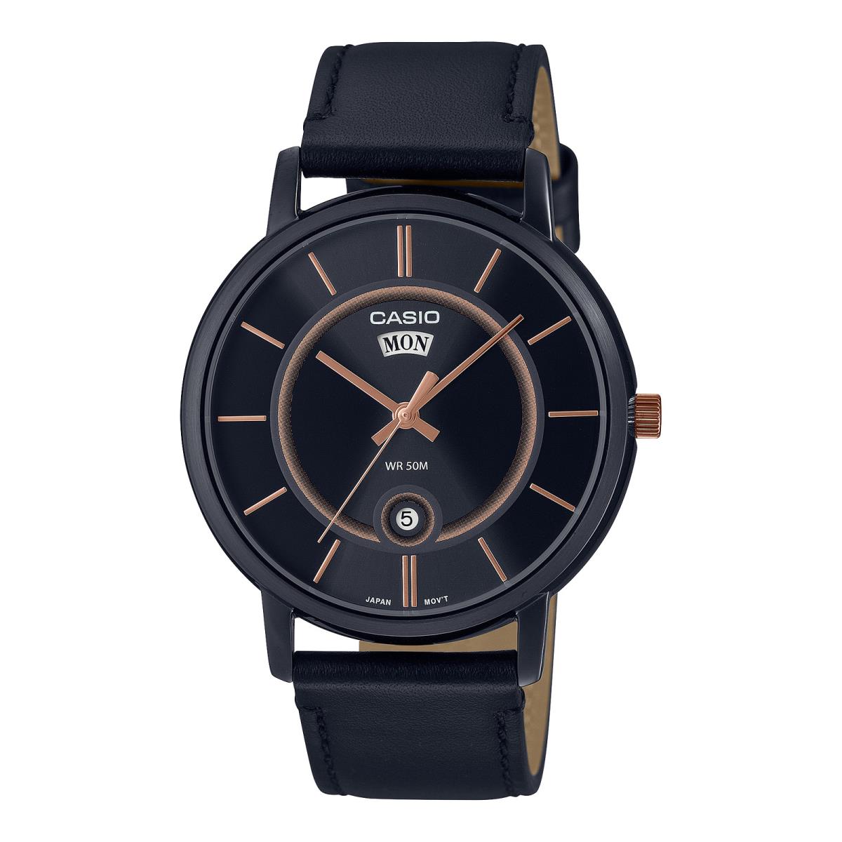 Casio Men`s Stainless Steel Analog Leather Strap Watch Black Dial