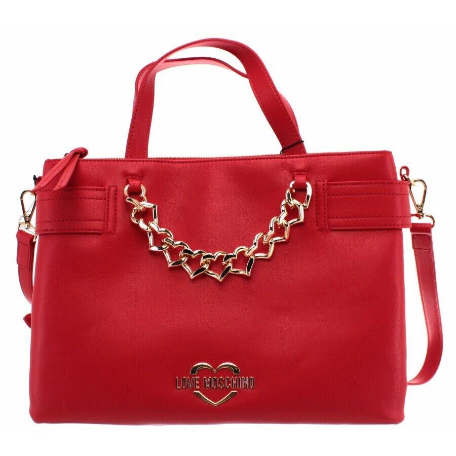 Love Moschino Borsa PU Rosso Satchel Shoulder Bag Red Leather Gold Chain Logo