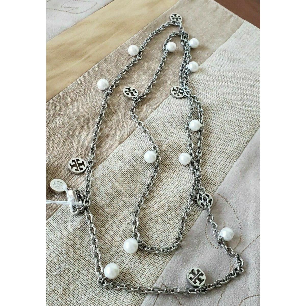 Tory Burch Women`s Silver Pearl Logo Charm Rosary Necklace