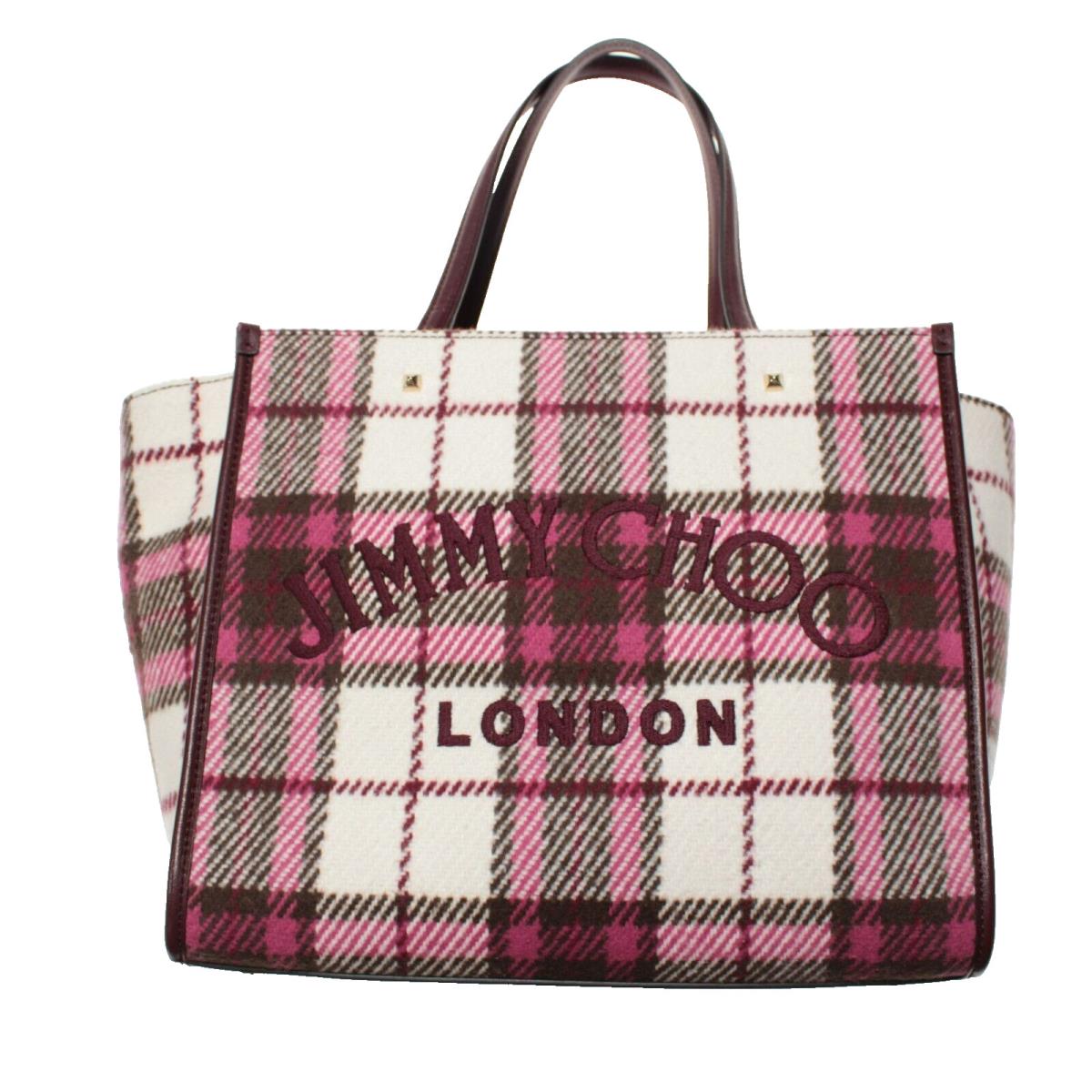 Jimmy Choo Varenne Tote Bag in Burgundy Check Plaid Wool w/ Logo Embroidery