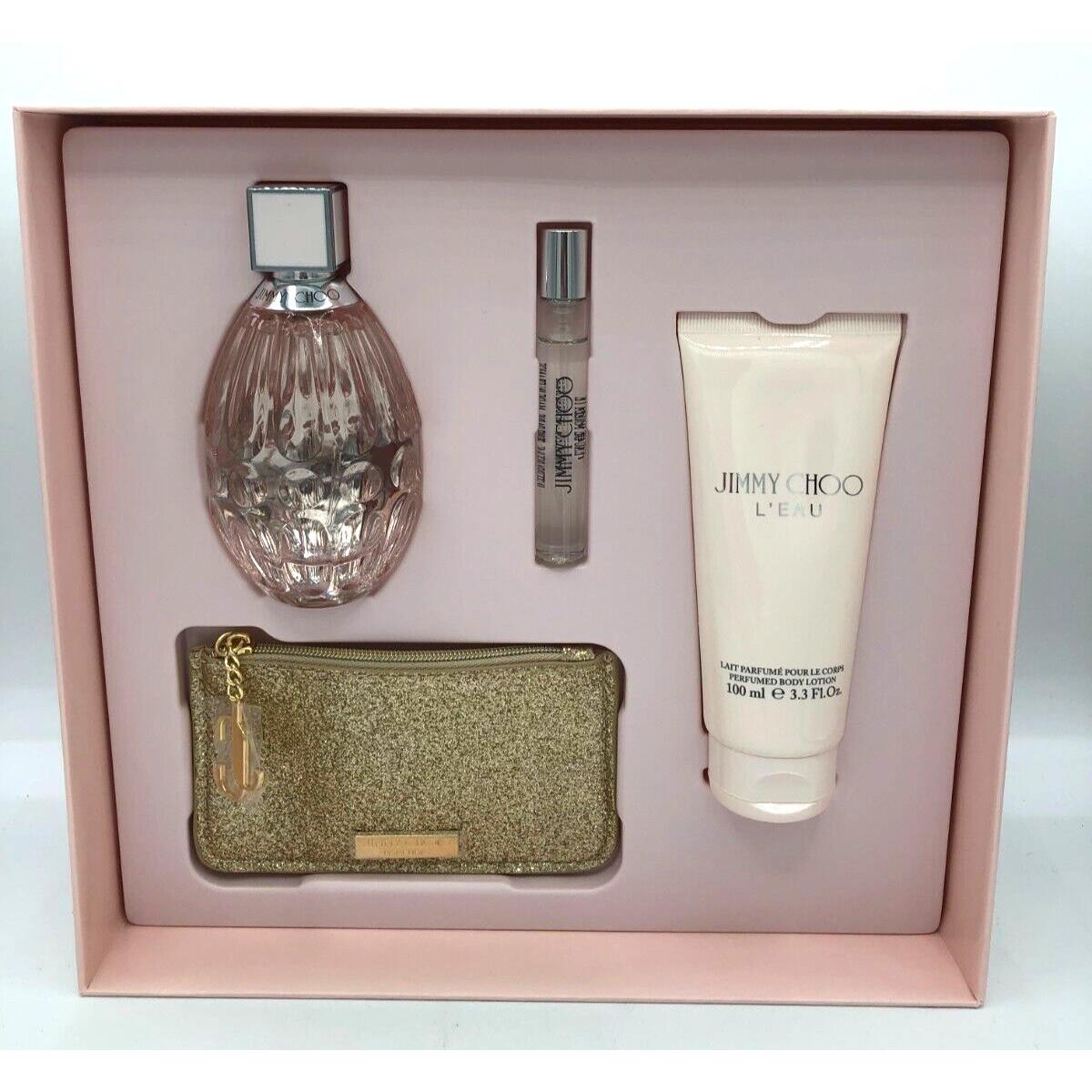 Jimmy Choo L`eau For Women 4pcs Set Edt Spray 3.0oz + 0.25 BL 3.3oz Pouch