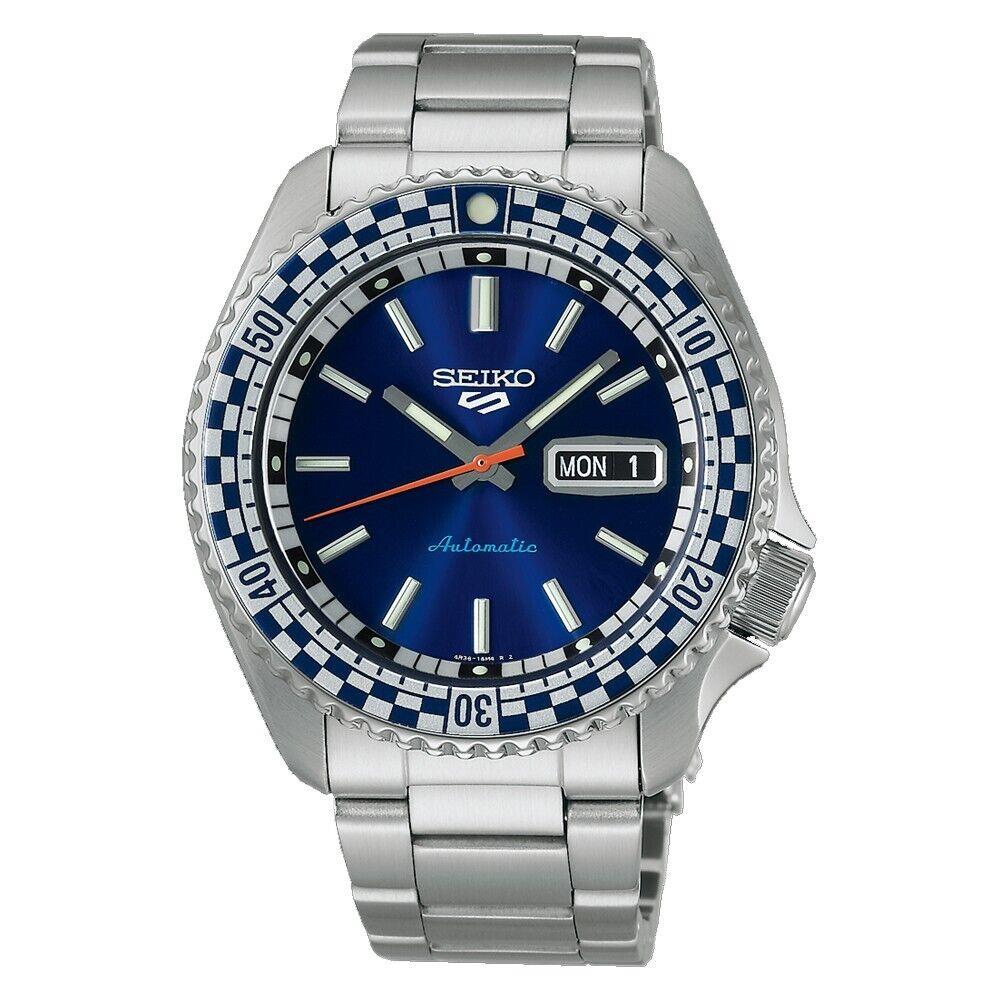 Seiko 5 Sports SRPK65 Men`s Special Ed Blue Dial Checkered Bezel Automatic Watch