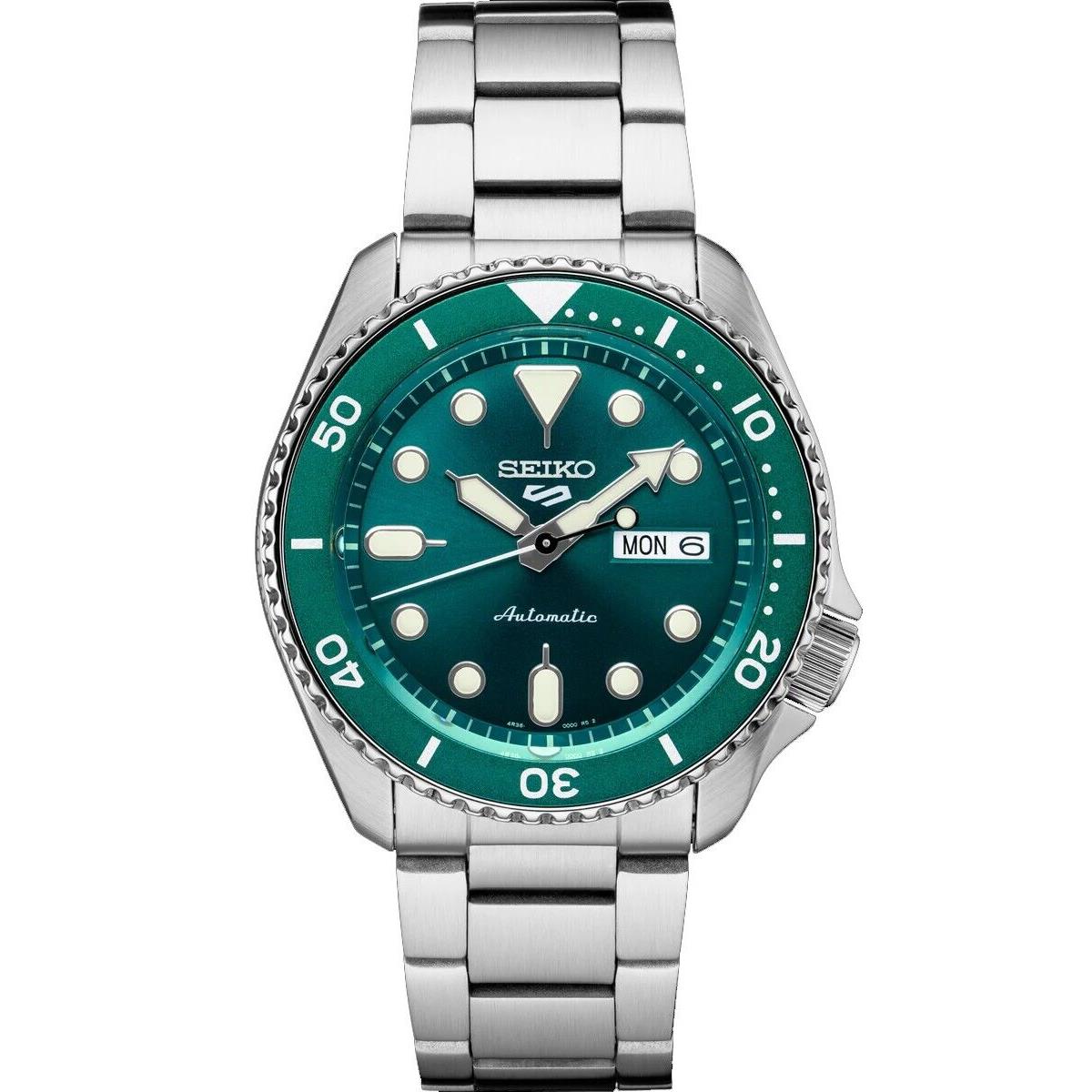 Seiko 5 Sports SRPD61 Men`s Stainless Steel Green Dial Day Date Automatic Watch